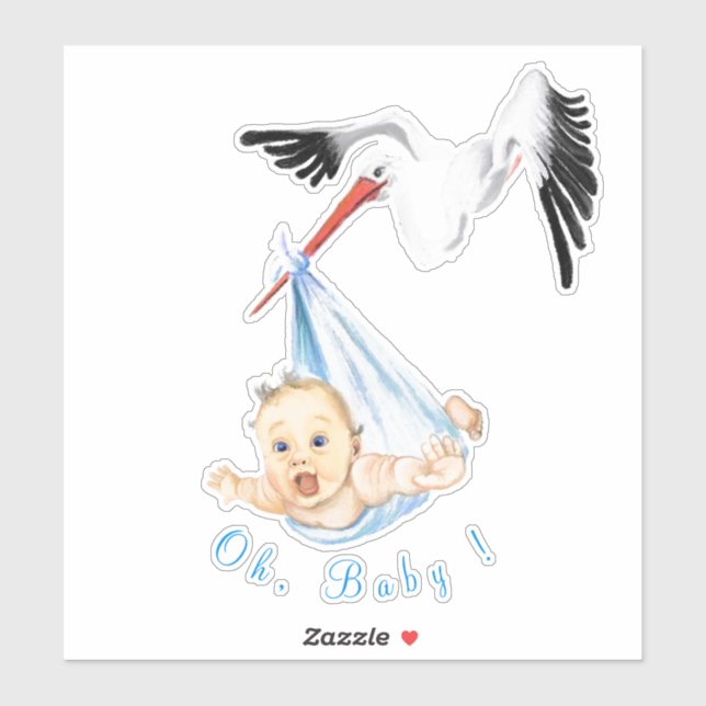 Stork Carrying Baby Funny Sticker - Your Text (Sheet)