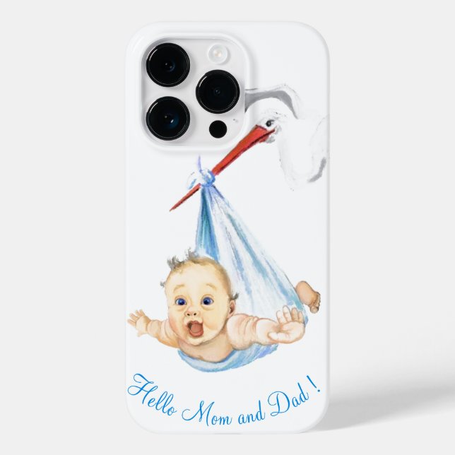 Stork Carrying Baby iPhone Case Hello Mum and Dad (Back)