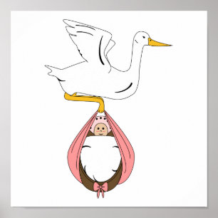 Stork Carrying Baby Pink Poster