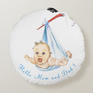 Stork Carrying Baby Round Pillow