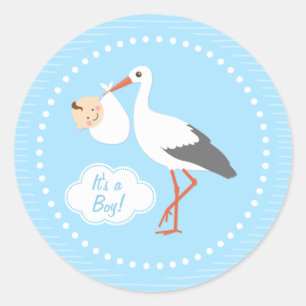 Stork carrying cute baby boy Baby Shower Sticker