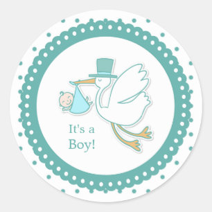 Stork carrying cute baby boy Baby Shower Sticker