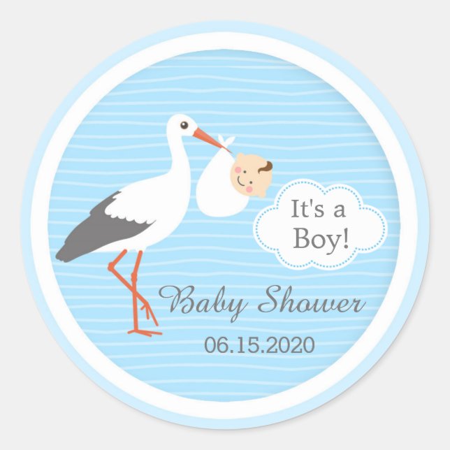 Stork carrying cute baby boy Baby Shower Sticker (Front)