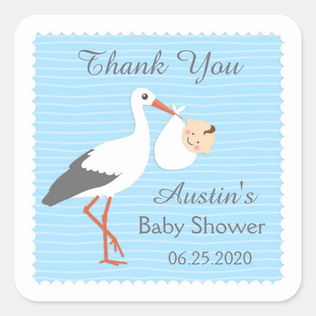 Stork carrying cute baby boy Thank You Sticker (Front)