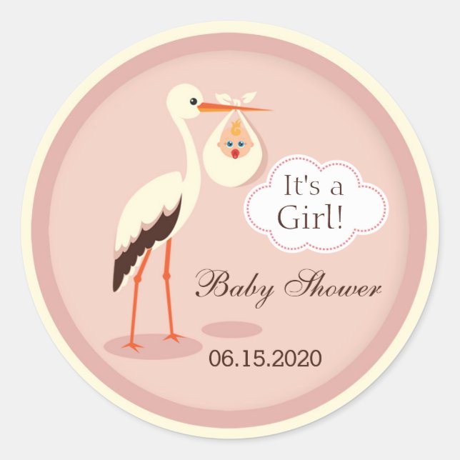 Stork carrying cute baby girl Baby Shower Sticker (Front)