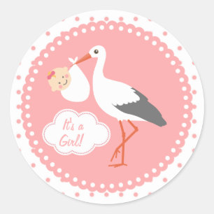 Stork carrying cute baby girl Baby Shower Sticker