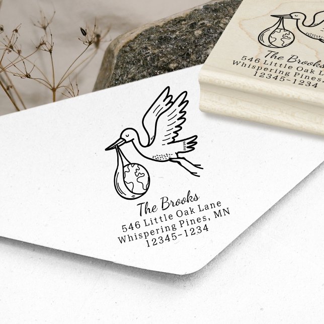 Stork Carrying Earth Return Address Rubber Stamp (Creator Uploaded)