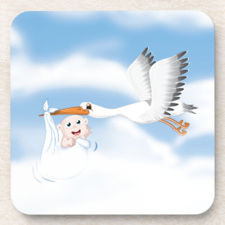 Stork carrying new born baby coaster