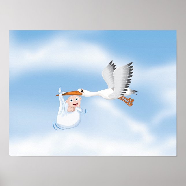 Stork carrying new born Baby Poster (Front)