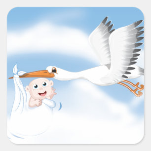 Stork carrying new born baby square sticker