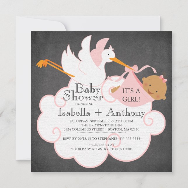 Stork Chalkboard African American Girl Baby Shower Invitation (Front)
