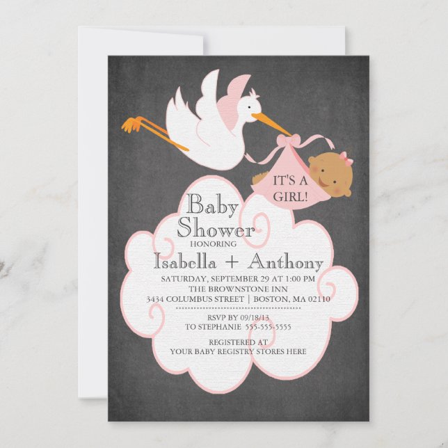 Stork Chalkboard African American GIRL Baby Shower Invitation (Front)