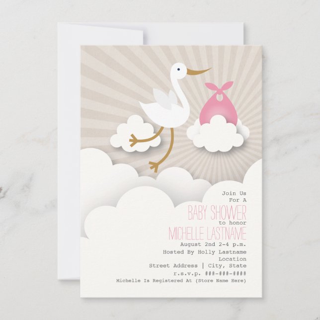 Stork + Clouds Baby Shower - Pink Invitation (Front)