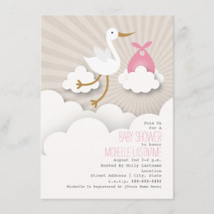 Stork + Clouds Baby Shower - Pink Invitation
