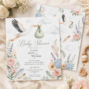 Stork Clouds Baby Shower Vintage Invitation