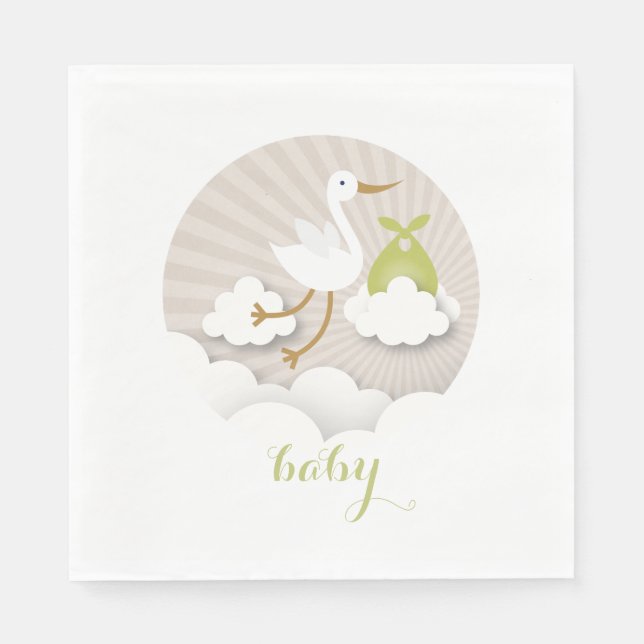 Stork + Clouds Neutral Green Baby Shower Napkins (Front)