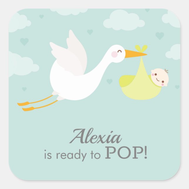 Stork Clouds Unisex Yellow Bundle Baby Shower Square Sticker (Front)