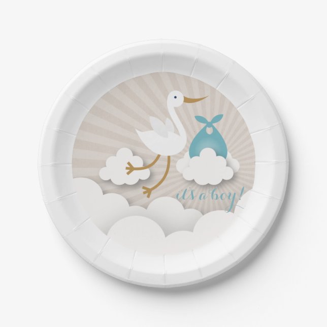 Stork + Clouds With Blue Bundle Boy Baby Shower Paper Plate (Front)