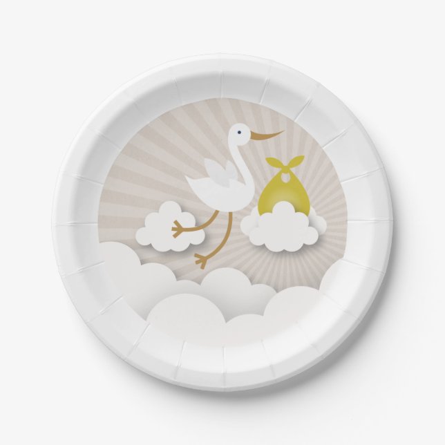 Stork + Clouds With Yellow Bundle Boy Baby Shower Paper Plate (Front)