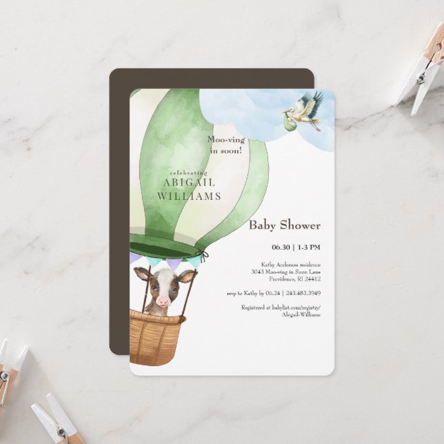 Stork & Cow Moo-ving in Soon Brown Baby Shower Invitation (Front/Back In Situ)