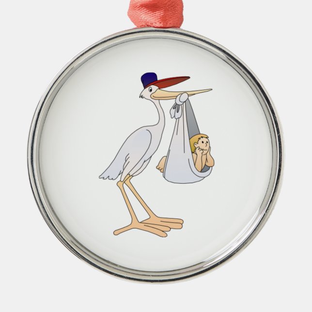 Stork Delivering a Baby Metal Tree Decoration (Front)
