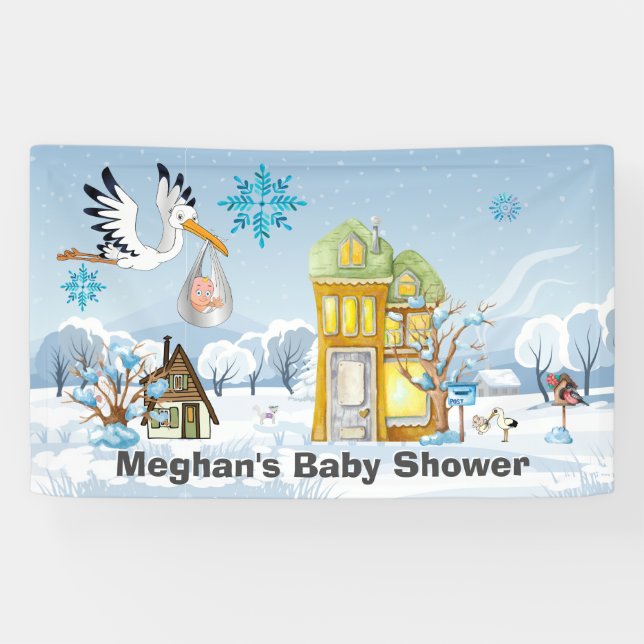 Stork delivering baby to home in winter banner (Horizontal)