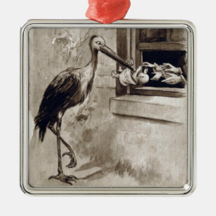 Stork Delivering Baby Vintage Metal Tree Decoration
