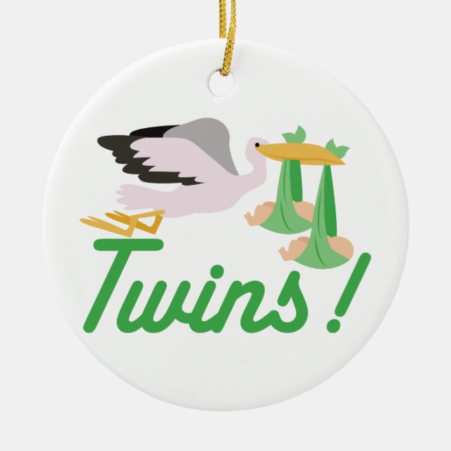 Stork Delivering Twins Ceramic Tree Decoration (Front)