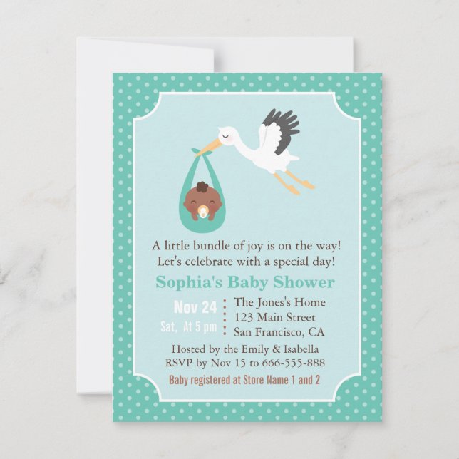 Stork Delivers African American Baby Boy Shower Invitation (Front)