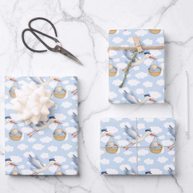 Stork Delivery Baby Boy Wrapping Paper – Cute Blue (Front)