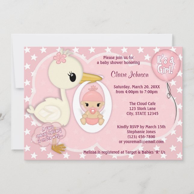 Stork Delivery baby shower invitation GIRL PINK 1A (Front)