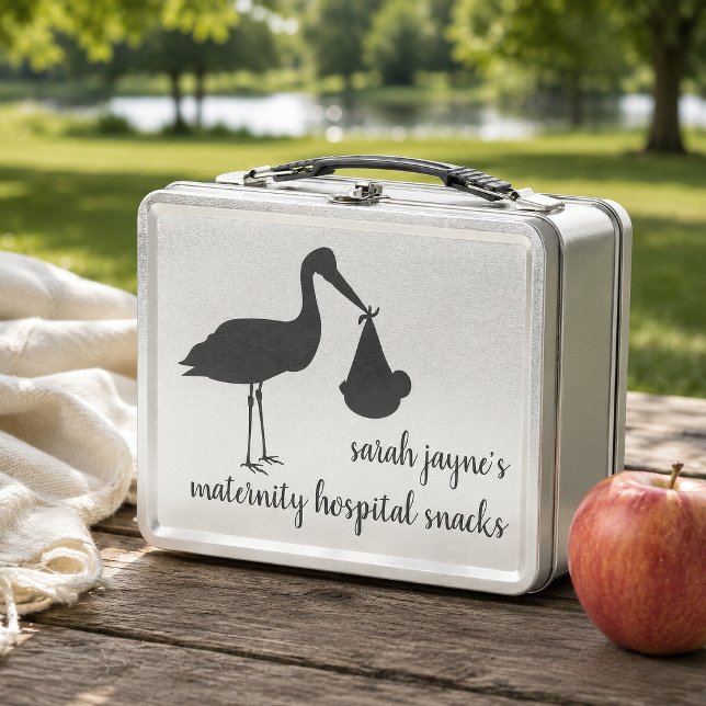 Stork Delivery Custom Retro Metal Lunch Box (For your emergency maternity snacks. Add your name!)