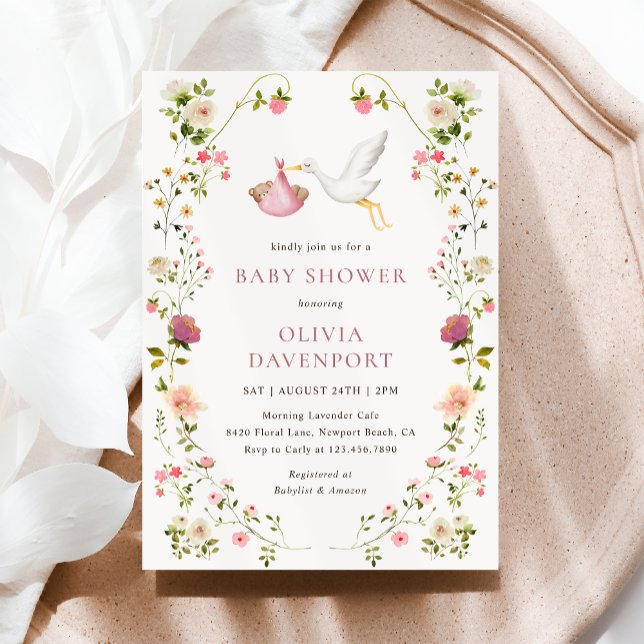 Stork Delivery Pink Floral Garden Girl Baby Shower Invitation (Creator Uploaded)