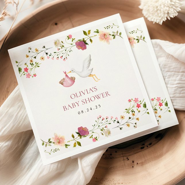 Stork Delivery Pink Floral Garden Girl Baby Shower Napkin (Creator Uploaded)