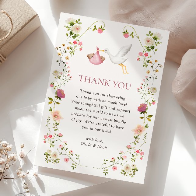 Stork Delivery Pink Floral Garden Girl Baby Shower Thank You Card (Creator Uploaded)
