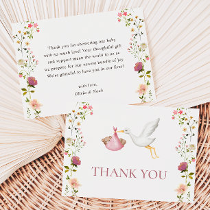 Stork Delivery Pink Floral Garden Girl Baby Shower Thank You Card