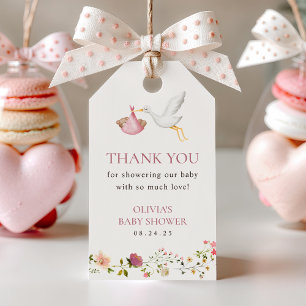 Stork Delivery Pink Floral Girl Baby Shower Favour Gift Tags