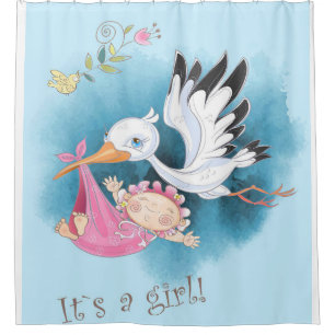 Stork Flies With Baby Girl Gift For Baby Shower Curtain