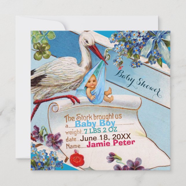 STORK,FLOWERS BOY BABY SHOWER BIRTH STATS INVITATION (Front)