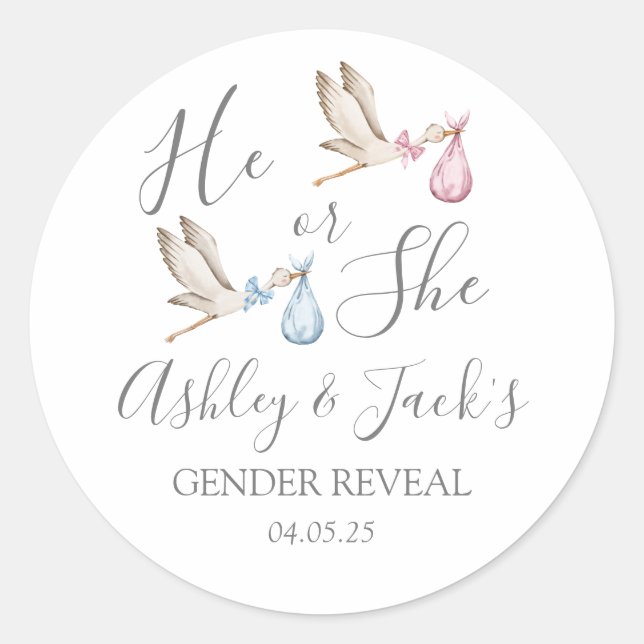 Stork Gender Reveal Invitation Classic Round Sticker (Front)