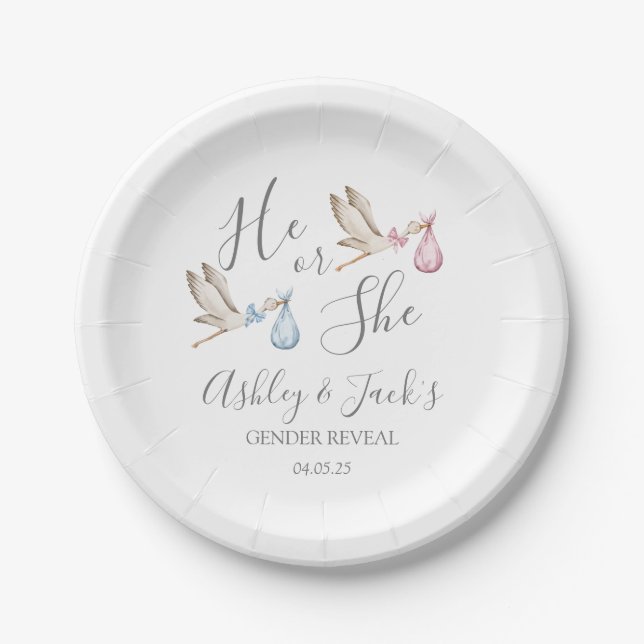 Stork Gender Reveal Welcome Sign Paper Plate (Front)
