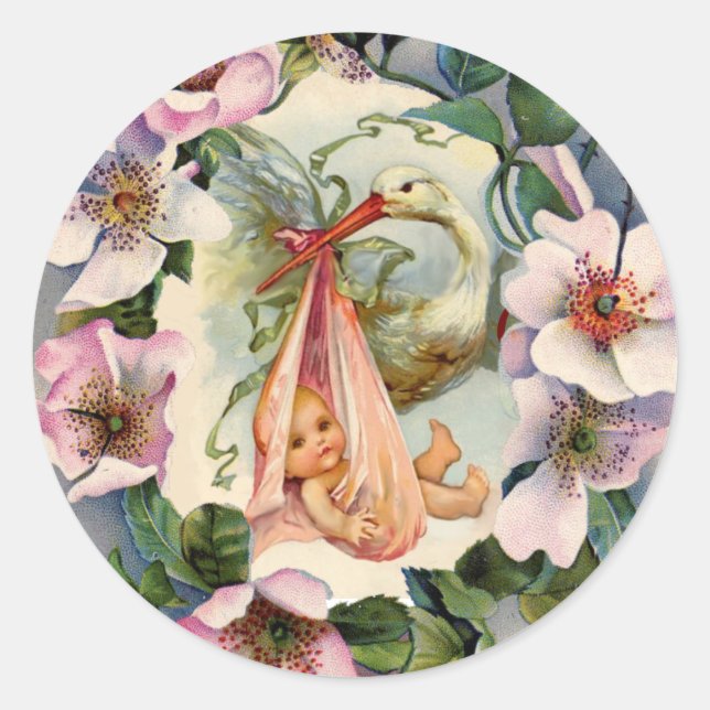 STORK GIRL BABY SHOWER CROWN WITH PINK WILD ROSES CLASSIC ROUND STICKER (Front)