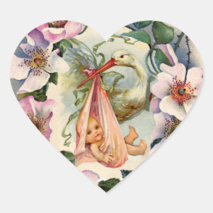 STORK GIRL BABY SHOWER CROWN WITH PINK WILD ROSES HEART STICKER