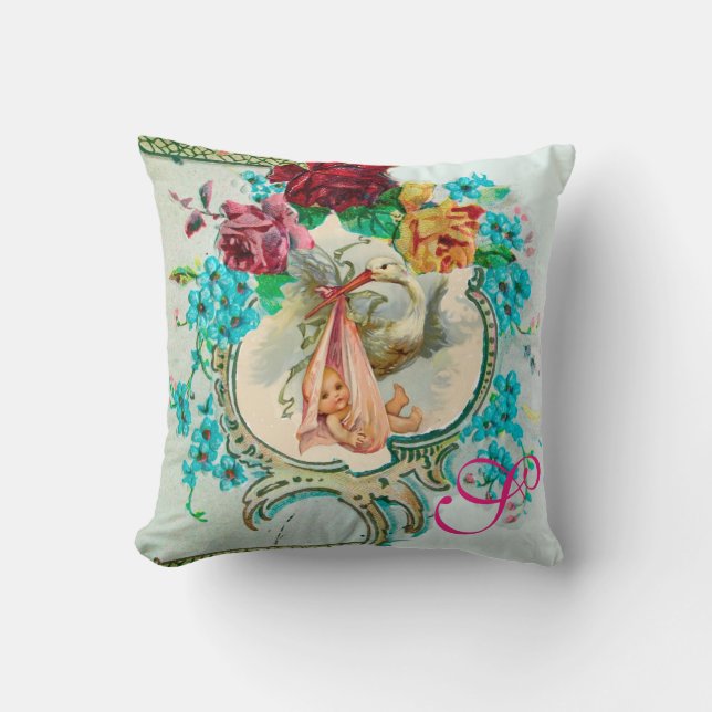 STORK GIRL BABY SHOWER FLORAL Baby Birth Stats Cushion (Front)