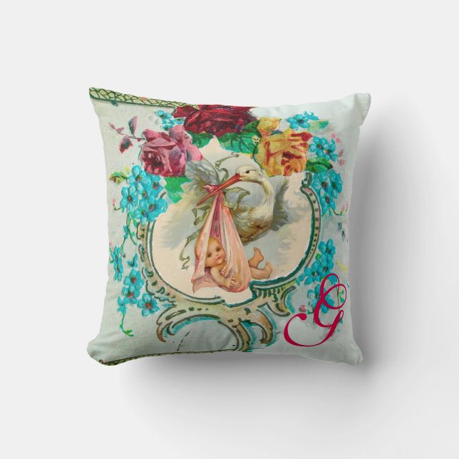 STORK GIRL BABY SHOWER FLORAL MONOGRAM Keepsake Cushion (Front)