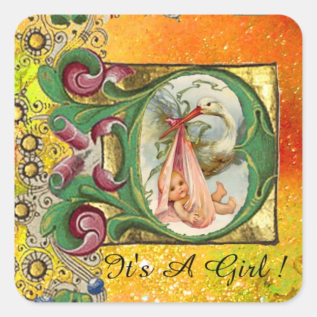 STORK GIRL BABY SHOWER FLORAL PARCHMENT IN YELLOW SQUARE STICKER (Front)