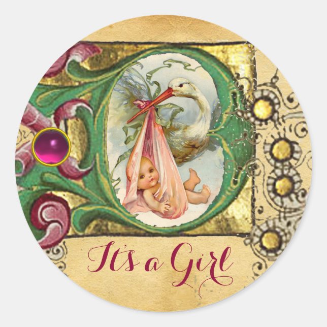 STORK GIRL BABY SHOWER FLORAL PARCHMENT MONOGRAM CLASSIC ROUND STICKER (Front)