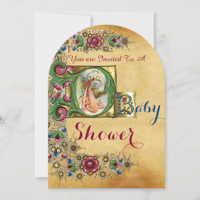 STORK GIRL BABY SHOWER FLORAL PARCHMENT MONOGRAM INVITATION (Front)