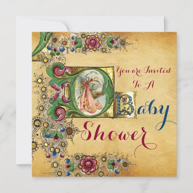 STORK GIRL BABY SHOWER FLORAL PARCHMENT MONOGRAM INVITATION (Front)