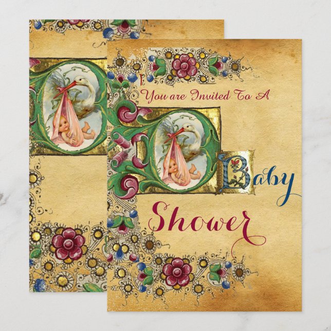 STORK GIRL BABY SHOWER FLORAL PARCHMENT MONOGRAM INVITATION (Front/Back)
